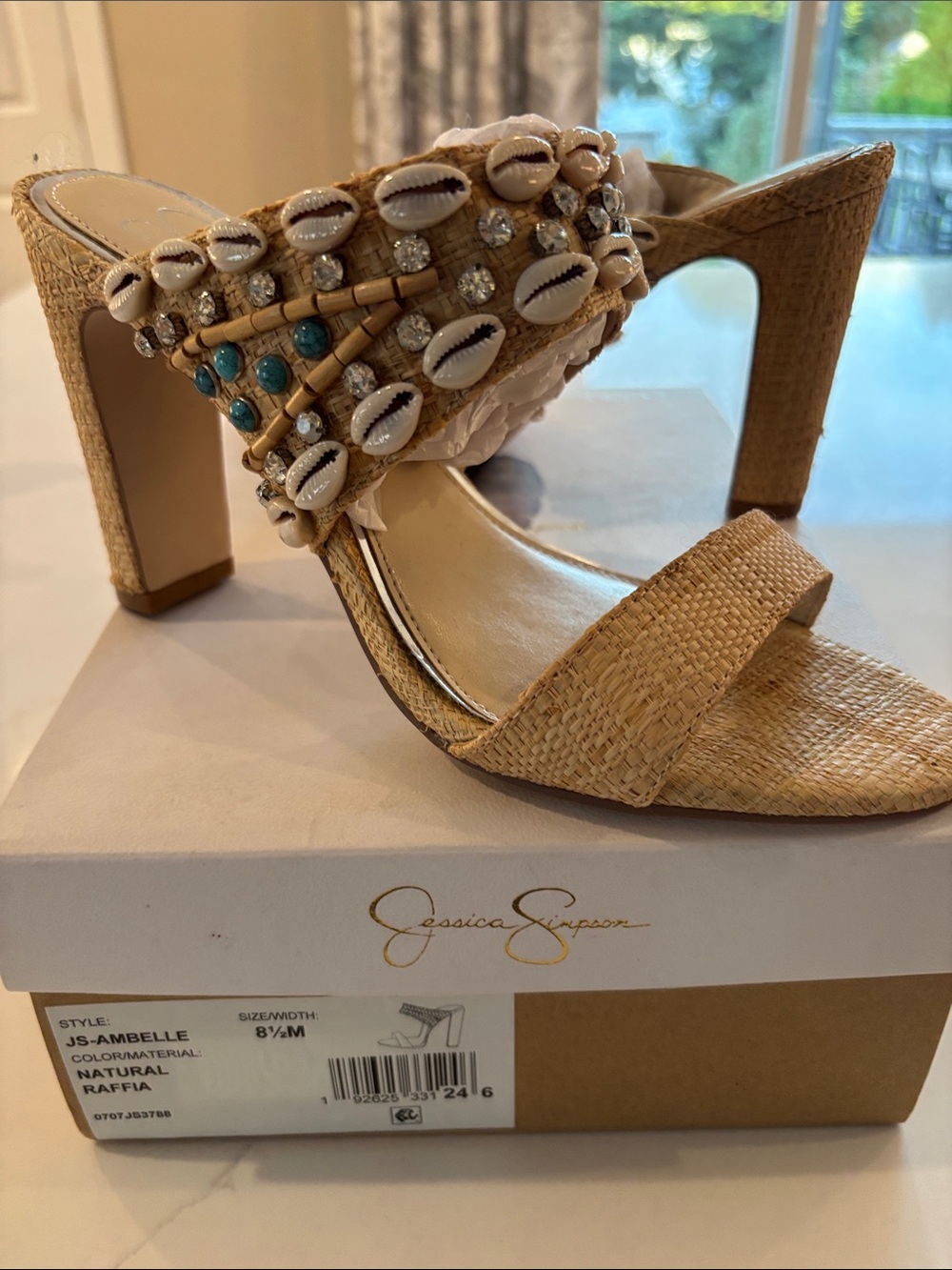 Jessica Simpson Natural Raffia Shell & Bead Embellished High Heel Sandals